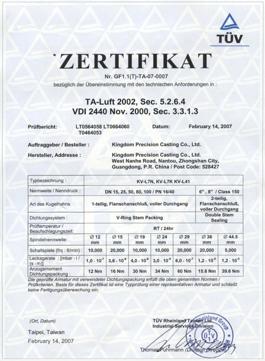 TA-Luft Certificate For stainless Steel Ball Valve
