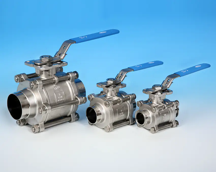 S/S 3-Pce Full Bore Sanitary Cavity Filled Direct Mount Ball Valve with Weld Ends.